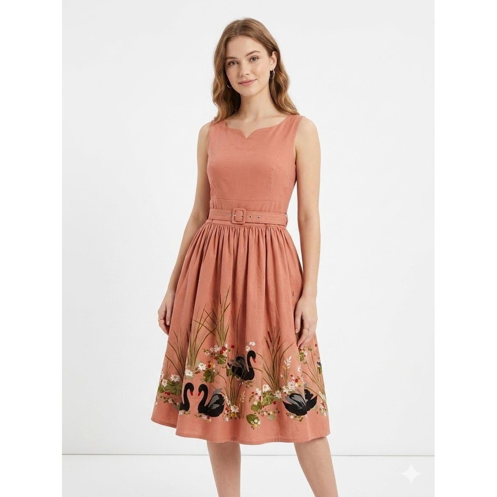 Lindy Bop | Delta Pink Swan Border Print Dress Retro 50s Fit Flare Belted | US 4